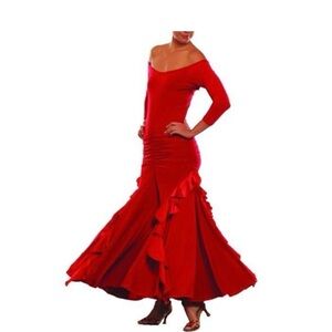 Chic Long Sleeve Red Dress with Ruffle Details Ballroom Dance